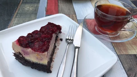 Tea with cheesecake. Stock Footage 91932686