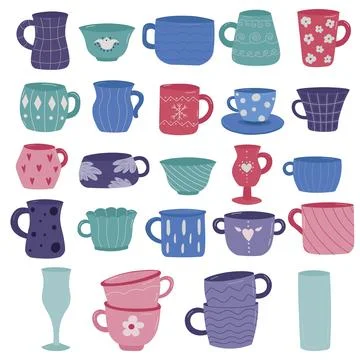 Tea coffee cup set vector illustration. Cartoon vintage teacup collection for Stock Illustration