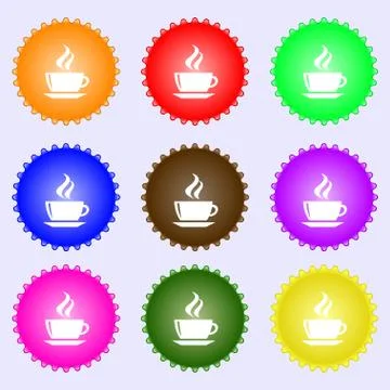 Tea, coffee icon sign. A set of nine different colored labels. Vector Illustrazione stock