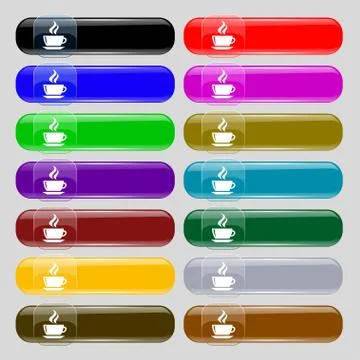Tea, coffee icon sign. Set from fourteen multi-colored glass buttons with pla Illustrazione stock