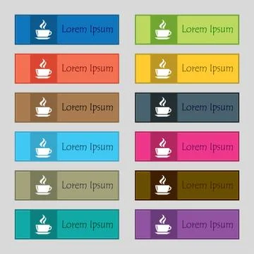 Tea, coffee icon sign. Set of twelve rectangular, colorful, beautiful, high-qual Stock Illustration