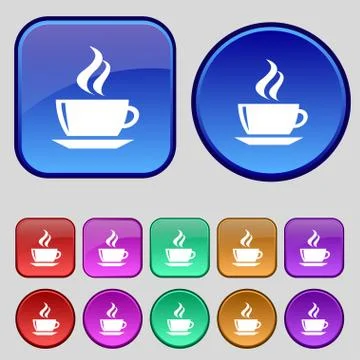 Tea, coffee icon sign. A set of twelve vintage buttons for your design. Illustrazione stock