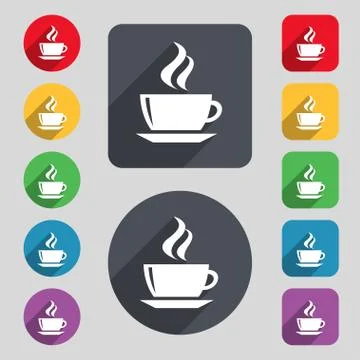 Tea, coffee icon sign. A set of 12 colored buttons and a long shadow. Flat desig Stock Illustration