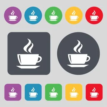 Tea, coffee icon sign. A set of 12 colored buttons. Flat design. Illustrazione stock