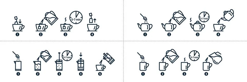 Tea, coffee making, brew process icons. Hot drink brew Stock Illustration
