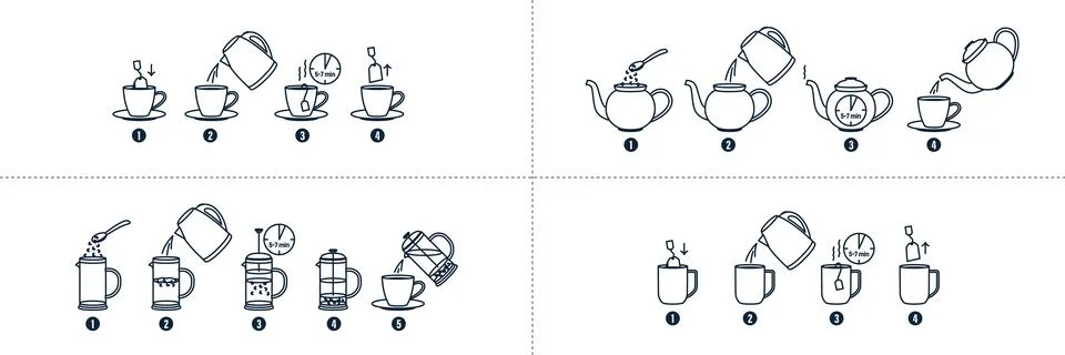 Tea, coffee making, brew process icons. Hot drink brew Stock Illustration