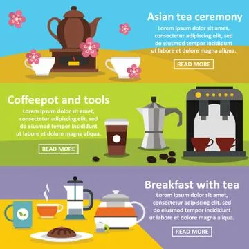 Tea coffee table banner horizontal set, flat style Stock Illustration