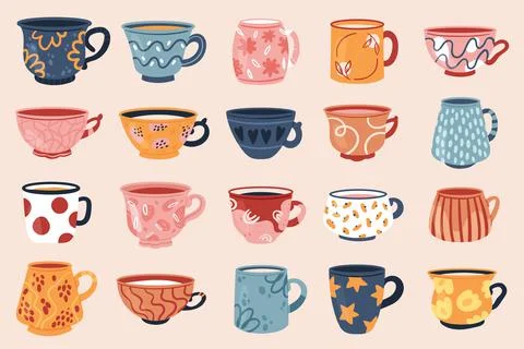 Tea coffee vintage cup set, vintage teacup collection for english afternoon tea Stock Illustration