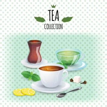 Tea collection illustration. Different styles cups and glass. Mint, black, gr Stock Illustration