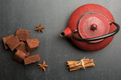 Tea composition on dark background Stock Photos