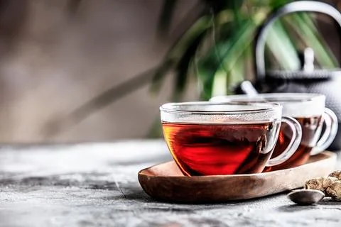 Tea composition near the old window, space for text Stock Photos
