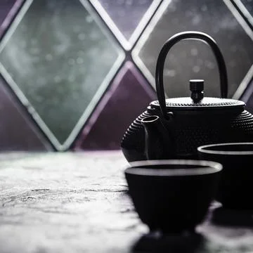 Tea composition near the old window, space for text. Stock Photos