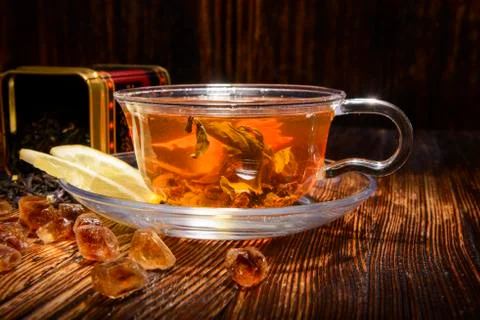 Tea composition on a wooden background Stock Photos