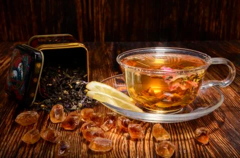 Tea composition on a wooden background Stock Photos