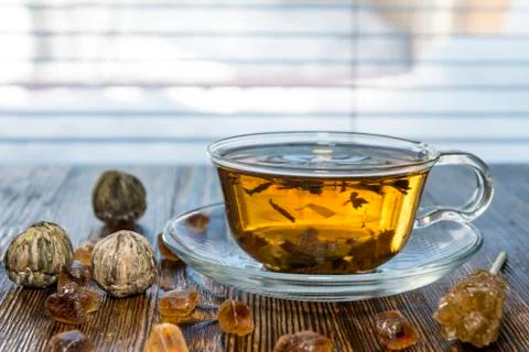Tea composition on a wooden background Stock Photos
