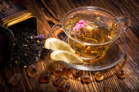 Tea composition on a wooden background Foto stock
