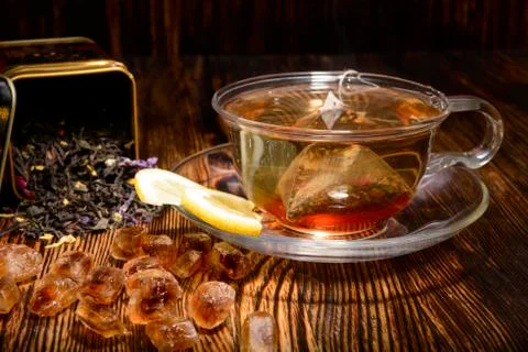 Tea composition on a wooden background Stock Photos