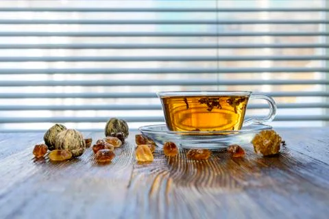 Tea composition on a wooden background Foto stock