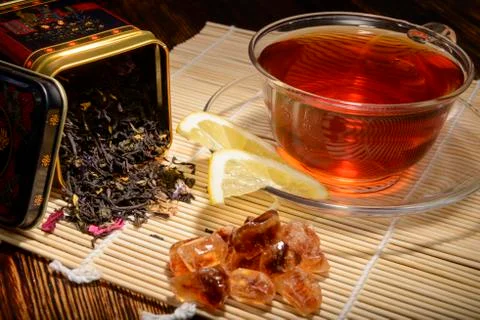 Tea composition on a wooden background Stock Photos