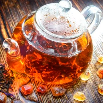 Tea composition on a wooden background Foto stock