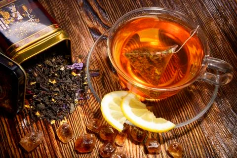 Tea composition on a wooden background Foto stock