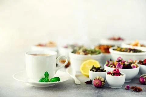 Tea concept with copy space. Different kinds of dry tea in white ceramic bowls Stock Photos