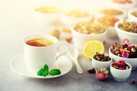 Tea concept with copy space. Different kinds of dry tea in white ceramic bowls Stock Photos