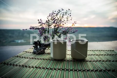 Tea concept. Japanese tea ceremony culture east beverage. Teapot and cups on Stock Photos