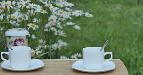 Tea. A couple of empty teacups stand on a table in the garden Video stock 133145745