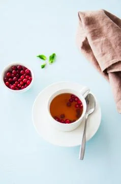 Tea with cranberry on a light blue background. Stock Photos