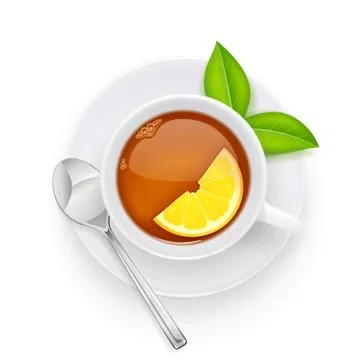 Tea cup and green leaf on plate. Traditional hot drink for breakfast. Tea tim Stock Illustration