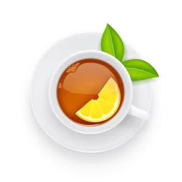 Tea cup and green leaf on plate. Traditional hot drink. Vector illustration. Stock Illustration