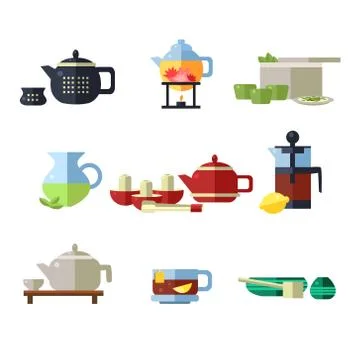 Tea Cup and Kettle Set. Vector Illustration Stock Illustration