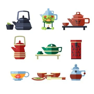 Tea Cup and Kettle Set. Flat Vector Illustration Stock Illustration