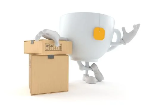 Tea cup character with stack of boxes 스톡 일러스트