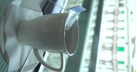 Tea cup in coffee shop in front of window, vertical 4K Stock Footage 235356899