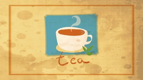 Tea with a cup filled with hot beverage and decorated with green leafs over old Stock Footage 129642439
