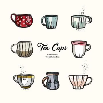 Tea cup hand drawn vector illustration set old style. Vector line illustratio Stock Illustration