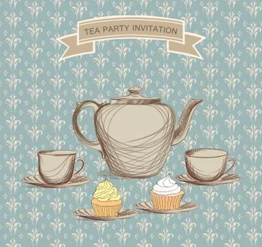Tea cup, kettle retro card. Tea time vintage background. Hot drinks Stock Illustration