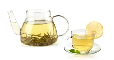Tea in cup with leaf mint and lemon Stock Photos