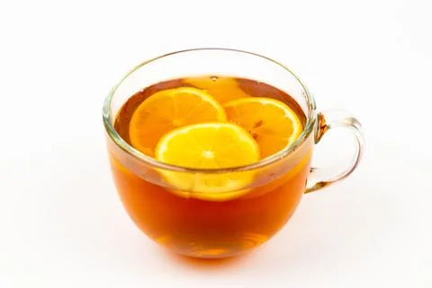 Tea in cup with leaf mint and lemon isolated on white background Stock Photos