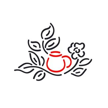 Tea cup, linear leaf. Graphic symbol. Herbal drink Stock Illustration