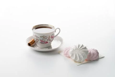 Tea Cup marshmallows on sulfide selective focus on white background high key Stock Photos