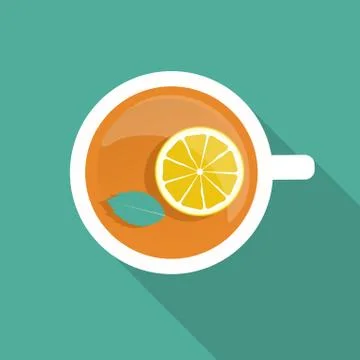 Tea Cup with Mint Leaf and Lemon Icon with Long Shadow.  Illustration Stock Illustration