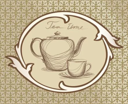 Tea cup, pot, kettle retro card. Tea time vintage label set. Hot drinks Stock Illustration