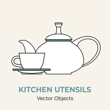Tea cup pot saucer simple form vector illustration. Vector line illustration Stock Illustration