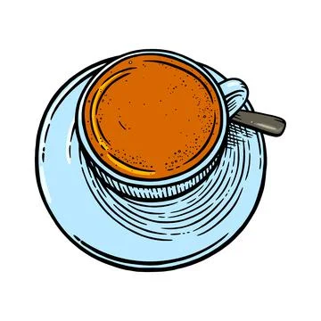 Tea cup with spoon and sauser. Sketch of tea mug. Vector illustration Illustrazione stock