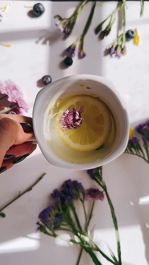 Tea Cup, Tea, Lemon, Flowers, Point of View, POV, Table Setting, Stock Footage 267162844