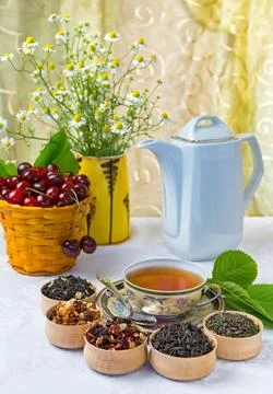 Tea, Cup of tea, various kinds of tea, tea on the table 库存照片