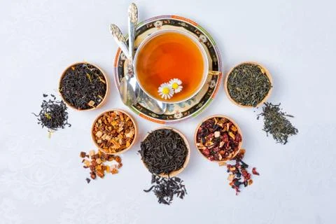 Tea, Cup of tea, various kinds of tea, tea on the table Stock Photos